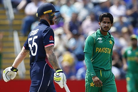 Pakistan?s Hasan Ali (right), who took three wickets against England, after dismissing Ben Stokes