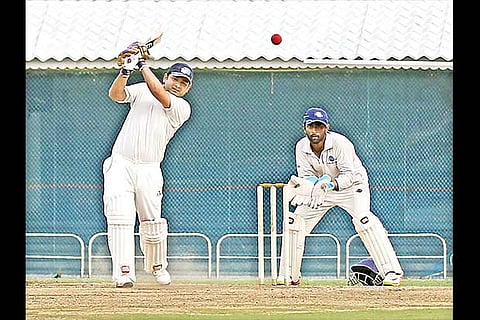 Jolly Rovers leg-spinner Piyush Chawla on his way to a stroke-filled half century against Vijay CC