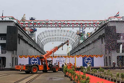 The launch of Floating Dock Navy, FDN-2 at Larsen and Toubro Kattupalli shipyard, near Chennai