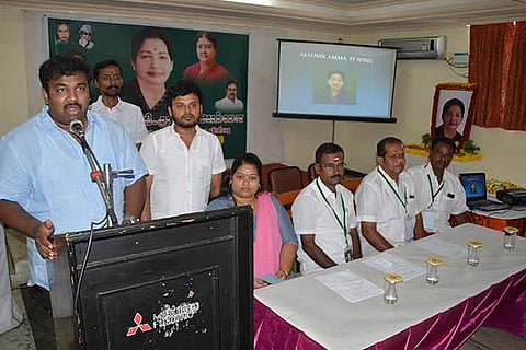Raj Sathyan, AIADMK (Amma) IT wing state secretary, addressing a meeting in Tiruchy