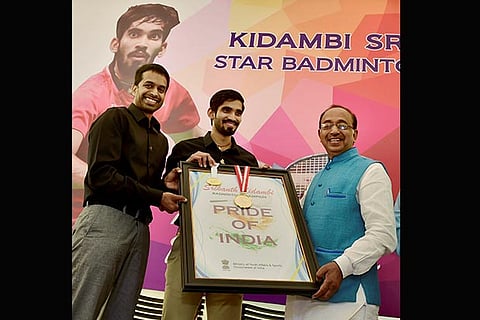 Sports minister Vijay Goel (right) with Srikanth and P Gopichand