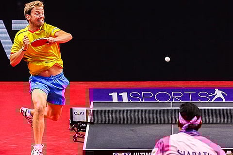 Par Gerell of Falcons TT returns to A Sharath Kamal of RPSG Mavericks in the opening match