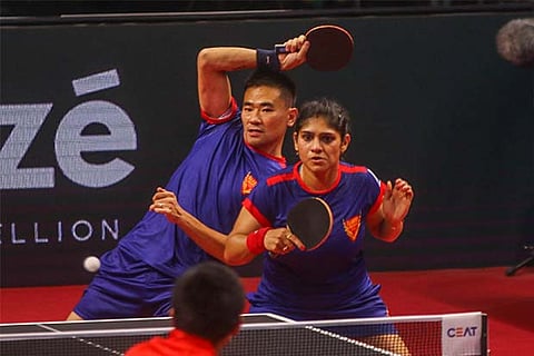 India?s Madhurika Patkar with Kou Lei playing the mixed doubles for Dabang Smashers