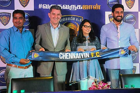 Chennaiyin FC's coach John Gregory (second from left) with team owners asst coach