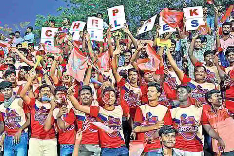 A section of the Chepauk Super Gillies supporters at the IC ground in Tirunelveli