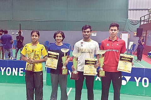 (From left) Winners Gayathri Gopichand, Malvika Bansod, Arintap Das Gupta and Dhurv Rawat