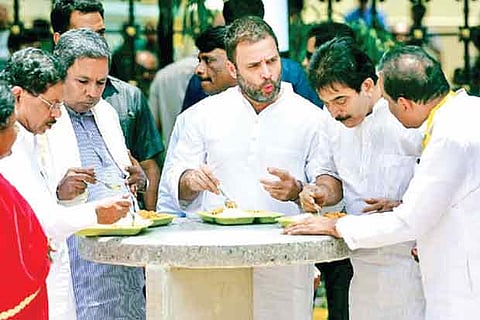 Rahul having lunch at an Indira Canteen on Thursday