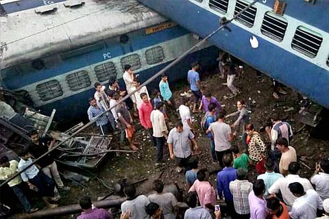 Coaches of the Puri-Haridwar Utkal Express train after it derailed in Khatauli near Muzaffarnagar.