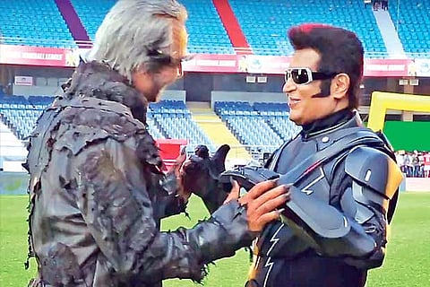 Rajinikanth and Akshay Kumar share a light moment on the sets of 2.0