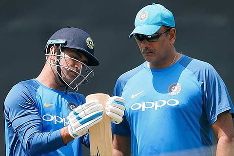 Team India coach Ravi Shastri and MS Dhoni on the eve of the third one-day against Sri Lanka