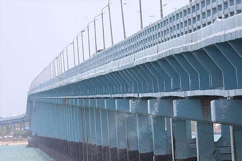 Water leak could be seen at various points in the pipeline on the Pamban bridge