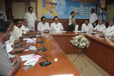 Leaders from DMK, Dravidar Kazhagam, TNCC, VCK, CPM, CPI and IUML at the all-party meeting