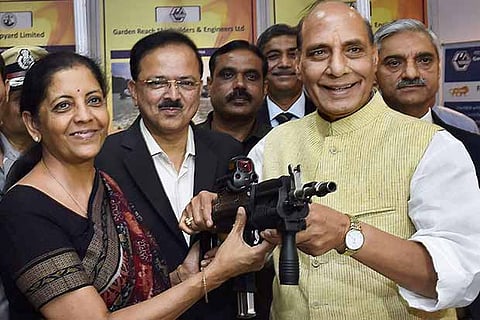 Defence Minister Nirmala Sitharaman with Union Home Minister Rajnath during an exhibition