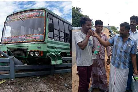 A bus that rammed the parapet of the Pamban bridge(L), cake cut in protest(R)