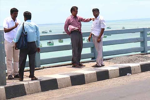 Officials of NH inspecting the Pamban bridge.(Photo: Sethu)