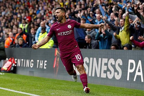 Manchester City's Sergio Aguero celebrates scoring their fifth goal completing his hat-trick