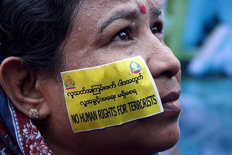 A scene from a nationalist rally showing support for Myanmar government actions against Rohingya