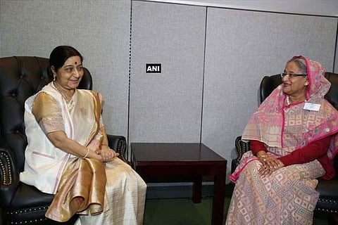 EAM Sushma Swaraj meets Bangladesh PM Sheikh Hasina in New York