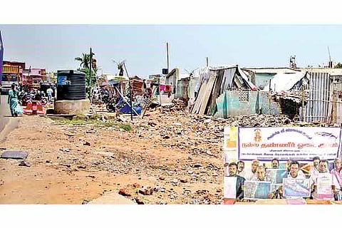 View of the demolished hutments in the hamlet (L) Members of fishermen?s association