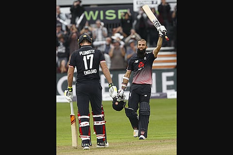 England?s Moeen Ali exults after scoring a century