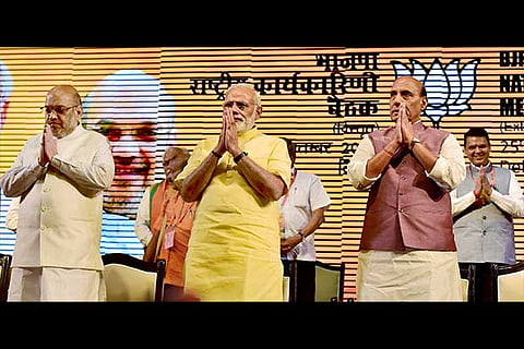 (L to R) Amit Shah, PM Modi, Home Min Rajnath Singh