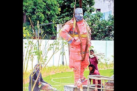 The removed life-size bronze statue of Sivaji Ganesan at the memorial