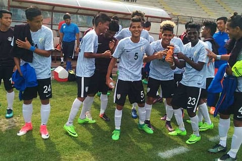 U-17 Indian football team members share a light moment