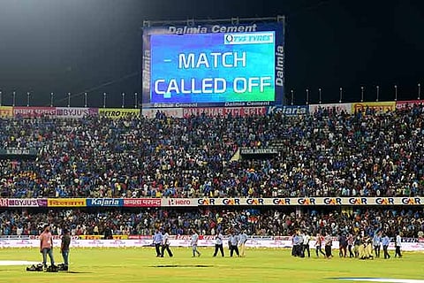 A screen displays the message of Match Called off during the 3rd T20I between India and Australia