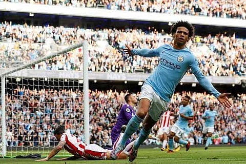Manchester City's Leroy Sane celebrates scoring their sixth goal