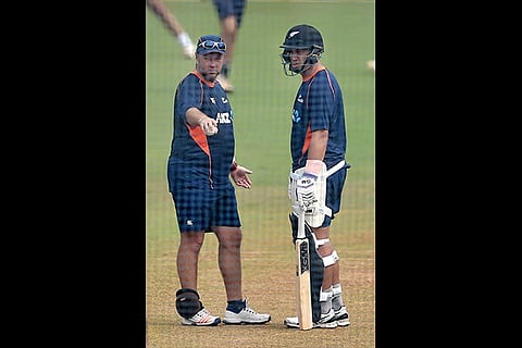 New Zealand?s batting coach Craig McMillan (left) and Ross Taylor having a chat in Mumbai on Monday