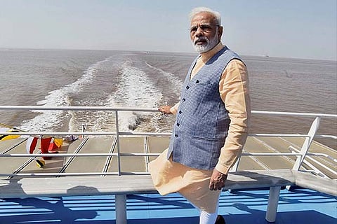PM Narendra Modi on the maiden voyage of Ro-Ro Ferry Service between Ghogha and Dahej