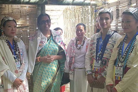 Defence Minister Nirmala Sitharaman inside a traditional hut during Buddha mahotsava at Bomdila