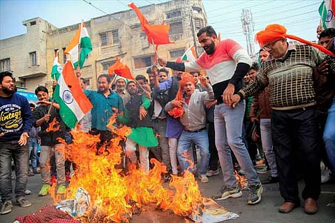 Members of Rajput community protest and burn an effigy ahead of release of bollywood film Padmavathi