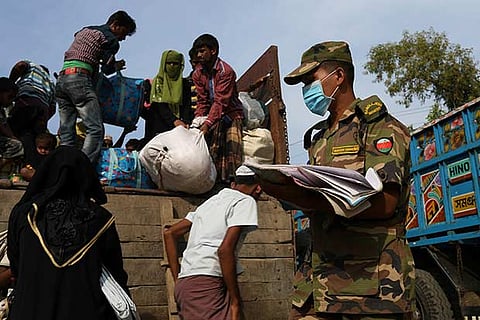 Newly arrived Rohingya refugees on a truck to get registered after crossing Bangladesh-Myanmar line
