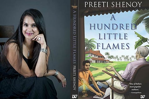 Author Preeti Shenoy (L) and (R) Cover of her latest novel A Hundred Little Flames
