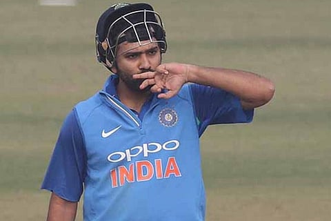 Rohit Sharma celebrates after scoring his century during the 2nd ODI against Sri Lanka