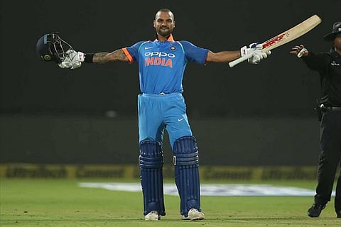 Shikhar Dhawan celebrates his Hundred runs during the 3rd ODI between India and Sri Lanka