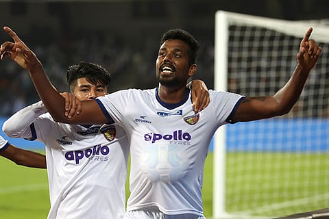 Dhanpal Ganesh exults his winner against Bengaluru FC