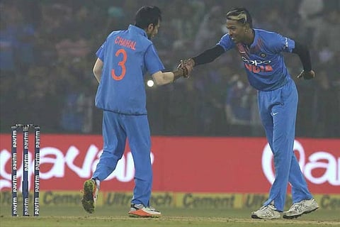 Hardik Pandya and Yuzvendra Chahal celebrates the wicket of Dushmantha Chameera of Sri Lanka