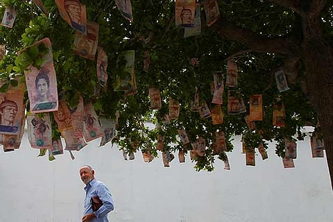 A man sees Bolivar notes hanging from a tree at a street in Maracaibo, Venezuela