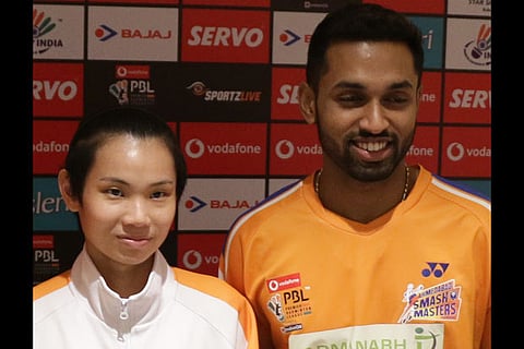 Tai Tzu-Ying (left) and HS Prannoy at a press meet