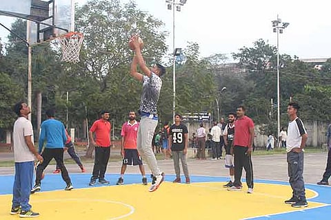 Jharkhand men?s basketball team practises at the Nehru Stadium