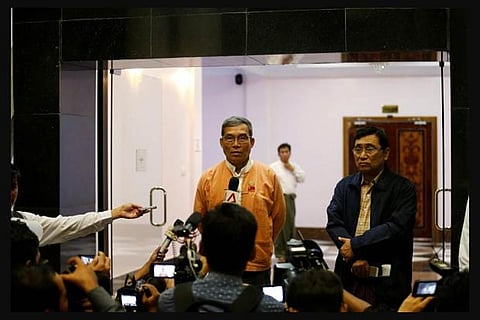 Nyi Pu (L), CM of Rakhine state talks to reporter about Arakan Rohingya Salvation Army.