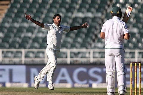 Bhuvneshwar Kumar celebrates getting the wicket of Aiden Markram during the third Test match