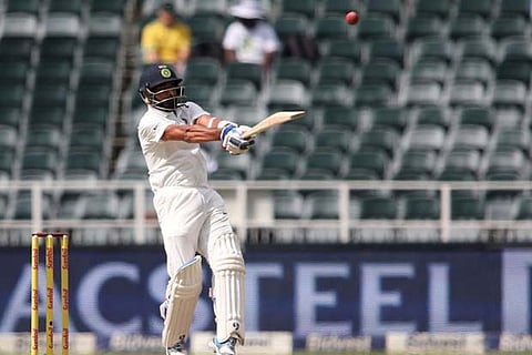 Mohammed Shami of India pulls a delivery for six during the third day of the third test