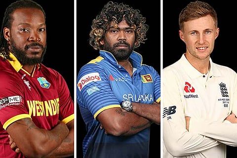 (L to R) Chris Gayle, Lasith Malinga and Joe Root