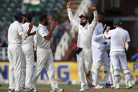 Indian Captain Virat Kohli celebrates as they win the Third Test