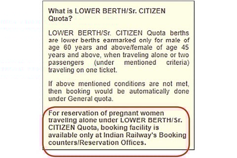 Online lower berth facility not available for pregnant women