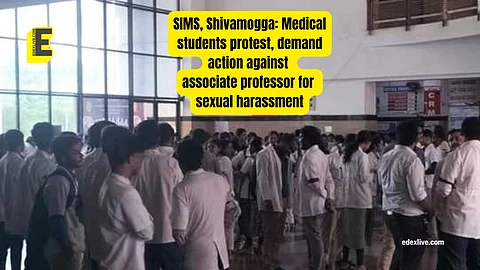 Medical Students of Shivamogga Institute of Medical Sciences (SIMS) staging protests inside the MC Gann Hospital premises demanding action against an associate professor over the sexual harassment incident in Shivamogga