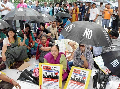 DU teachers at a protest | Pic: DU Express